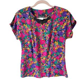 Vintage 90s Carole Little Petites 2P Floral Short Sleeve Blouse Top Bright Gauze
